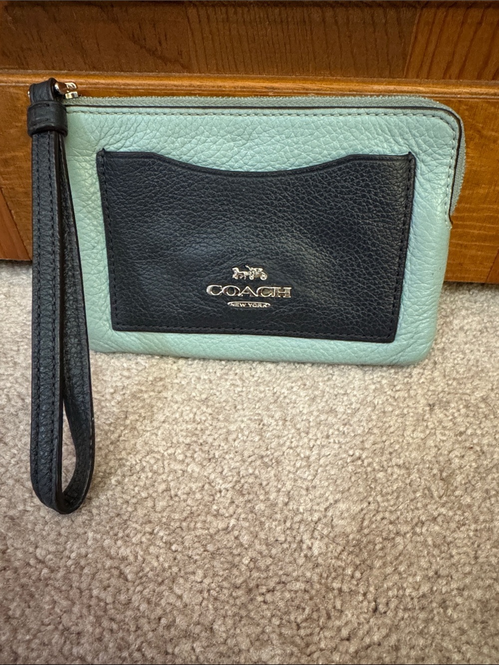 Coach Mint Green and Navy Pebbled Leather Wristlet
